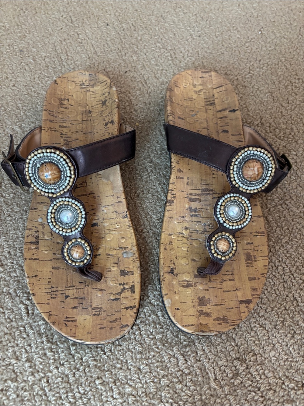 Vionic Brown Beaded Cork-Style Thong Sandals